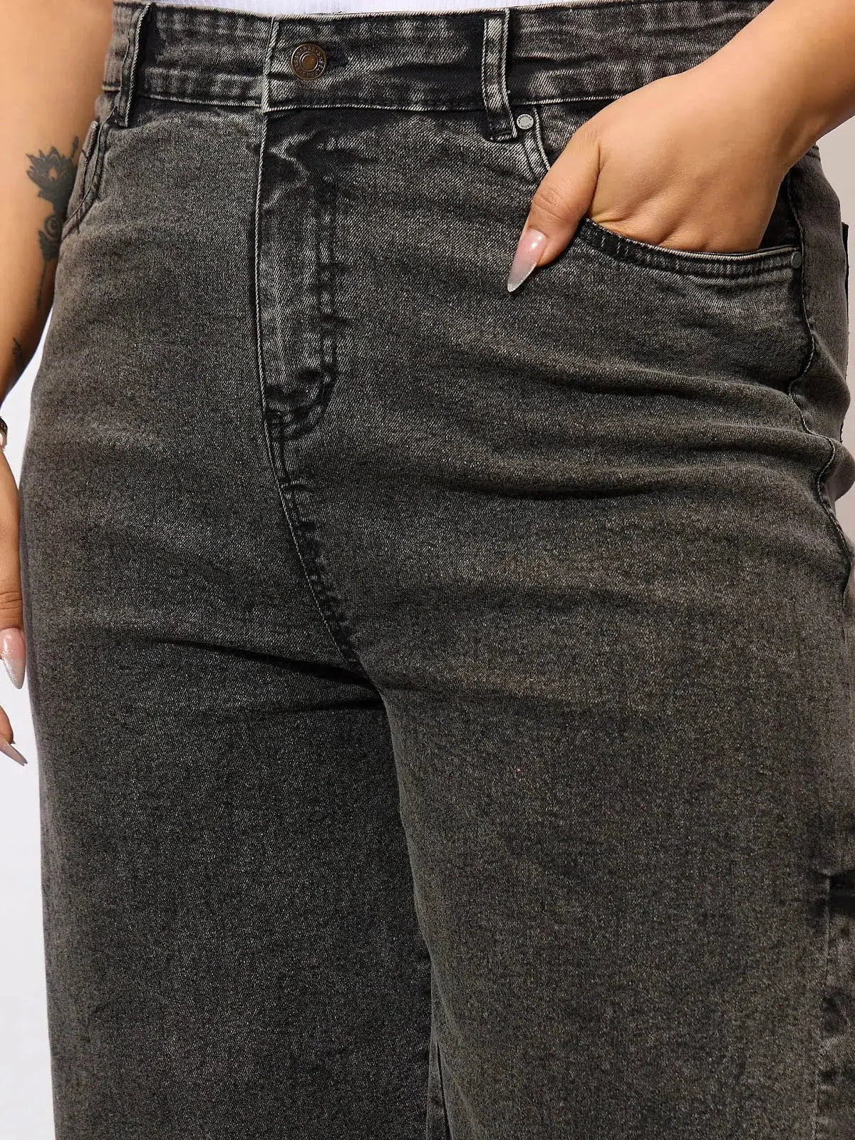 Black Acid Wash Jeans with Side Slits - Women's Straight Leg