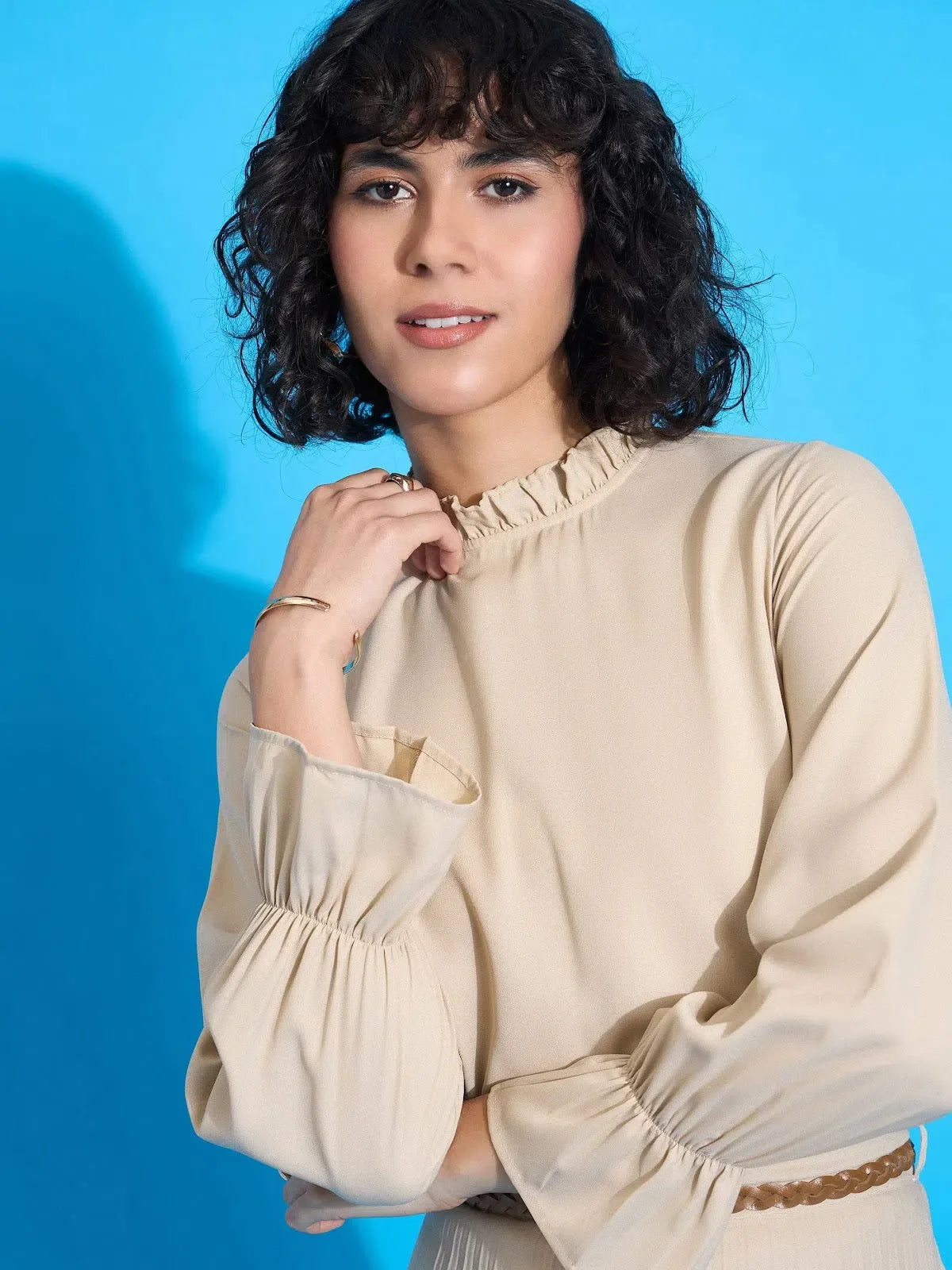 Beige Ruffle Blouse & Pleated Skirt Set - Women's Lehenga Style