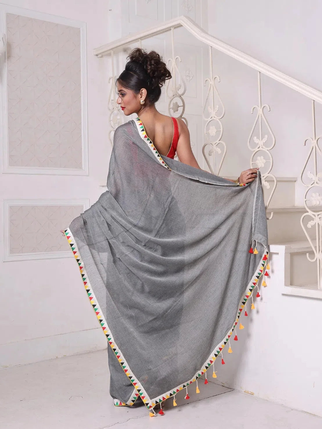 Grey Cotton Saree with Patch Border | Designer Sarees India