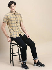 Men Beige Checked Casual Shirt-AZARICHECKS-115-Beige