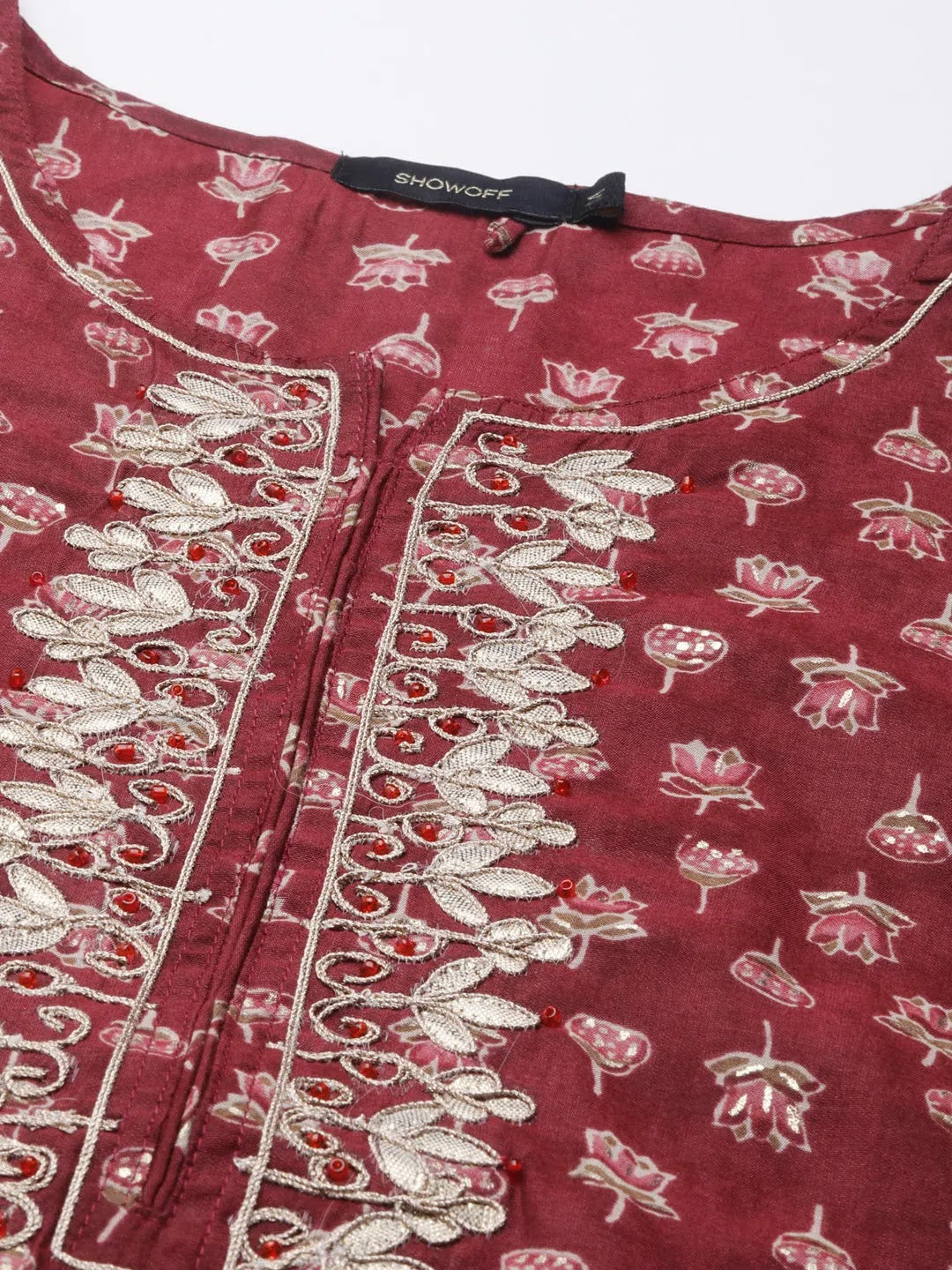 Maroon Floral A-Line Cotton Kurta | Indian Kurtas For Women