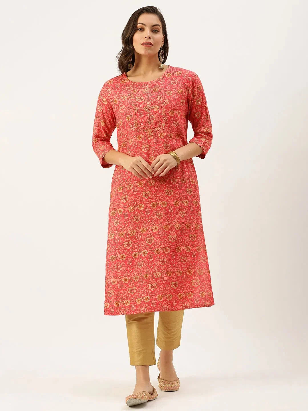 Mustard Printed Cotton Indian Kurta for Women - DesiQlo