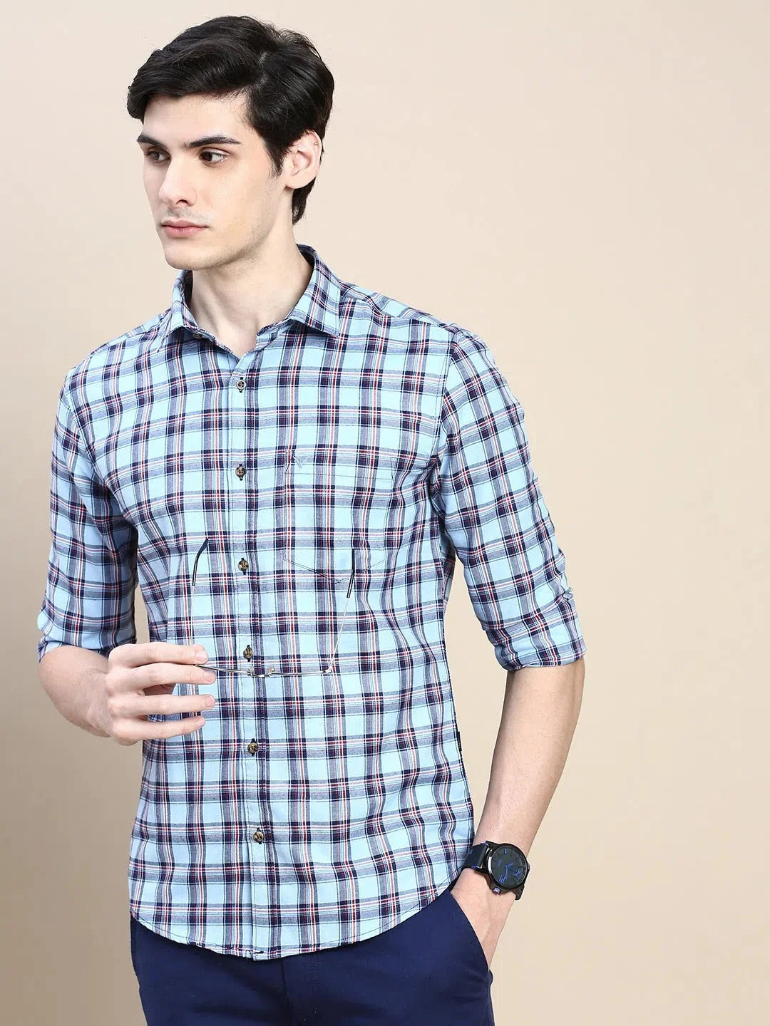 Trendy Men's Blue Checked Shirt - Cotton Casual Shirt | DesiQlo