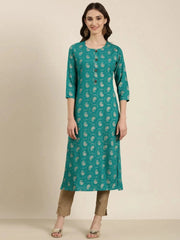 Women Teal Paisley Straight Kurta-GW-3889-Teal