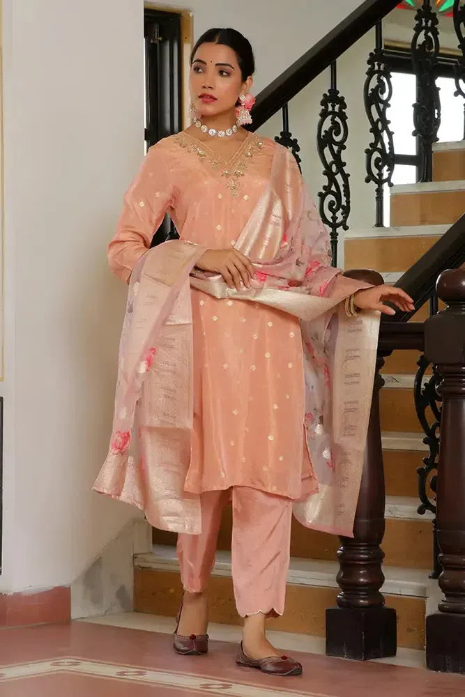 Peach Brocade Kurta Set - Women's Embroidered Indian Kurta Sets