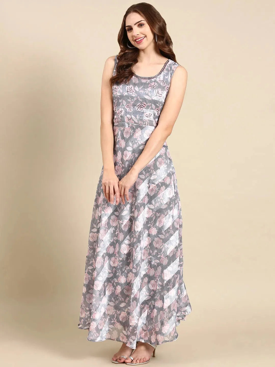 Grey Floral Anarkali Kurti - Women's Printed Nylon Anarkali Dress