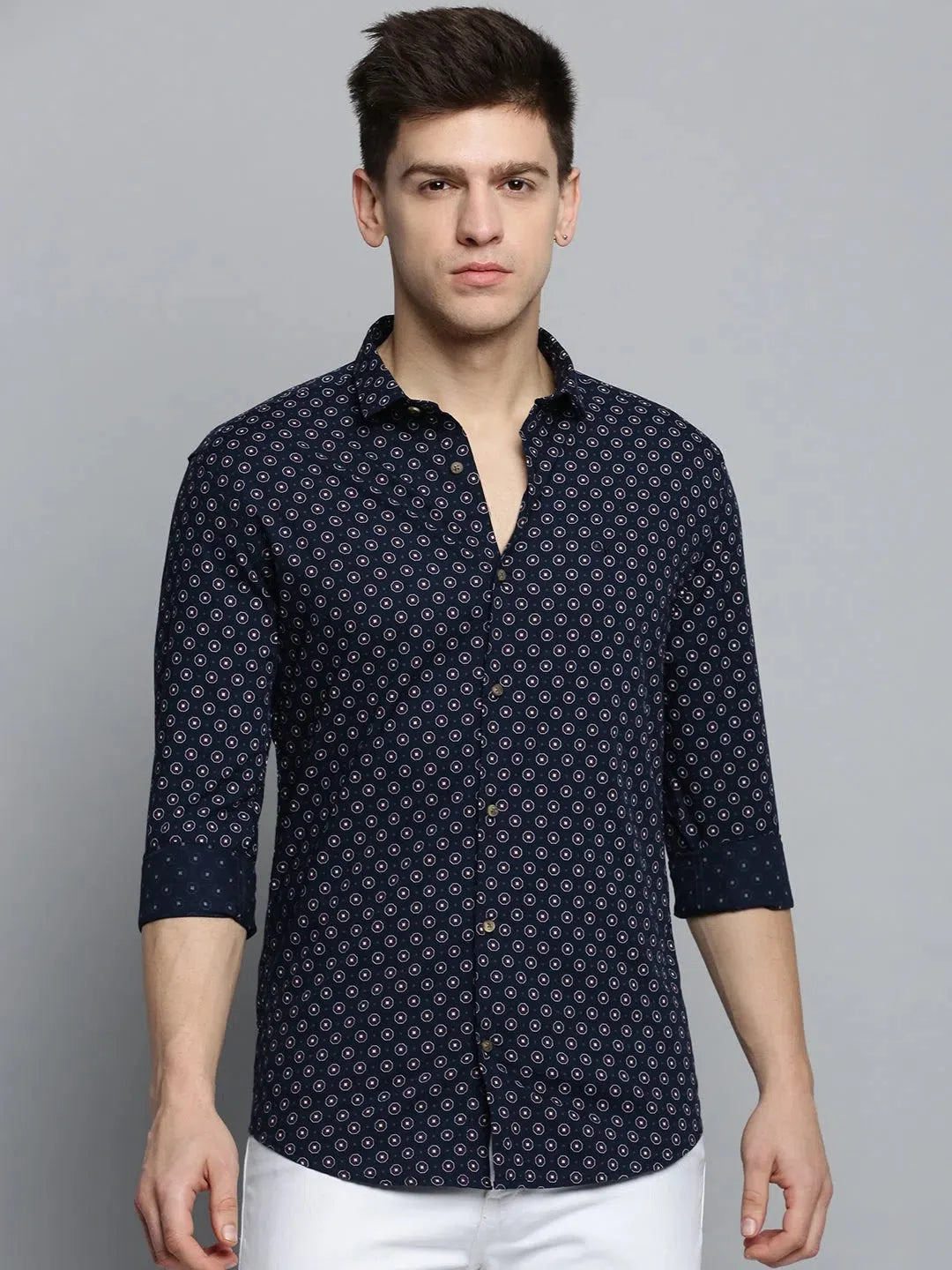 Men's Navy Printed Shirt - Stylish Cotton Mens Shirt Online