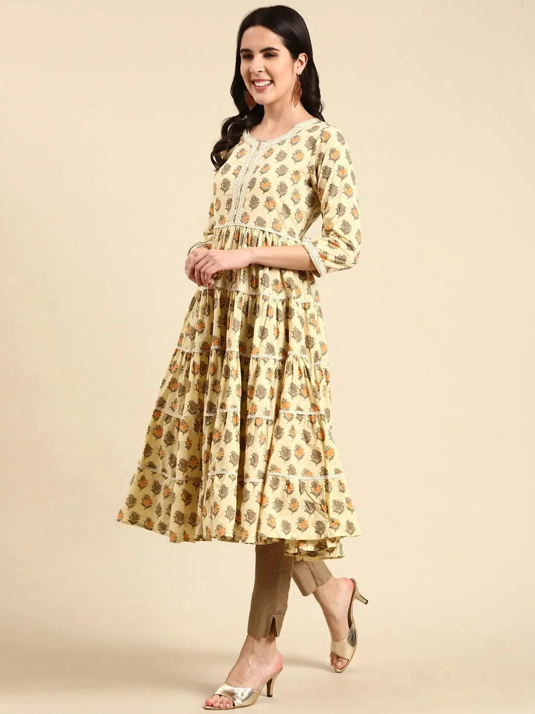 Cream Printed Anarkali Kurta for Women - DesiQlo