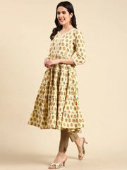 Women's Cream Printed Anarkali Kurta-RF-1553-Cream