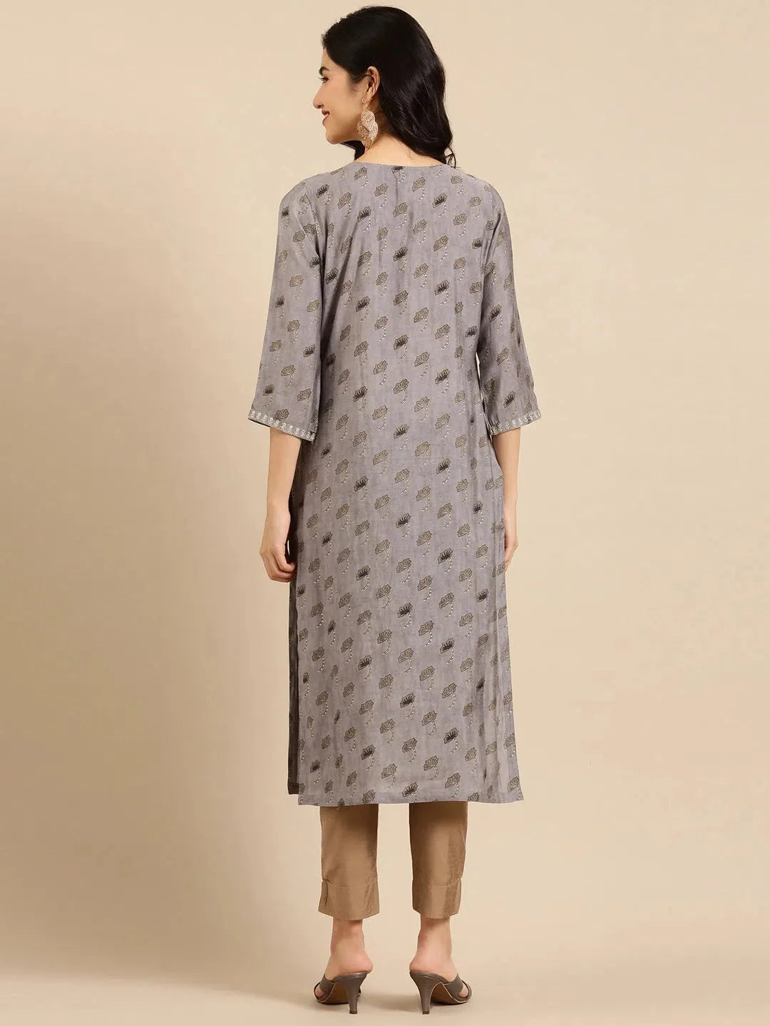 Grey Printed Polyester Indian Kurta for Women - DesiQlo