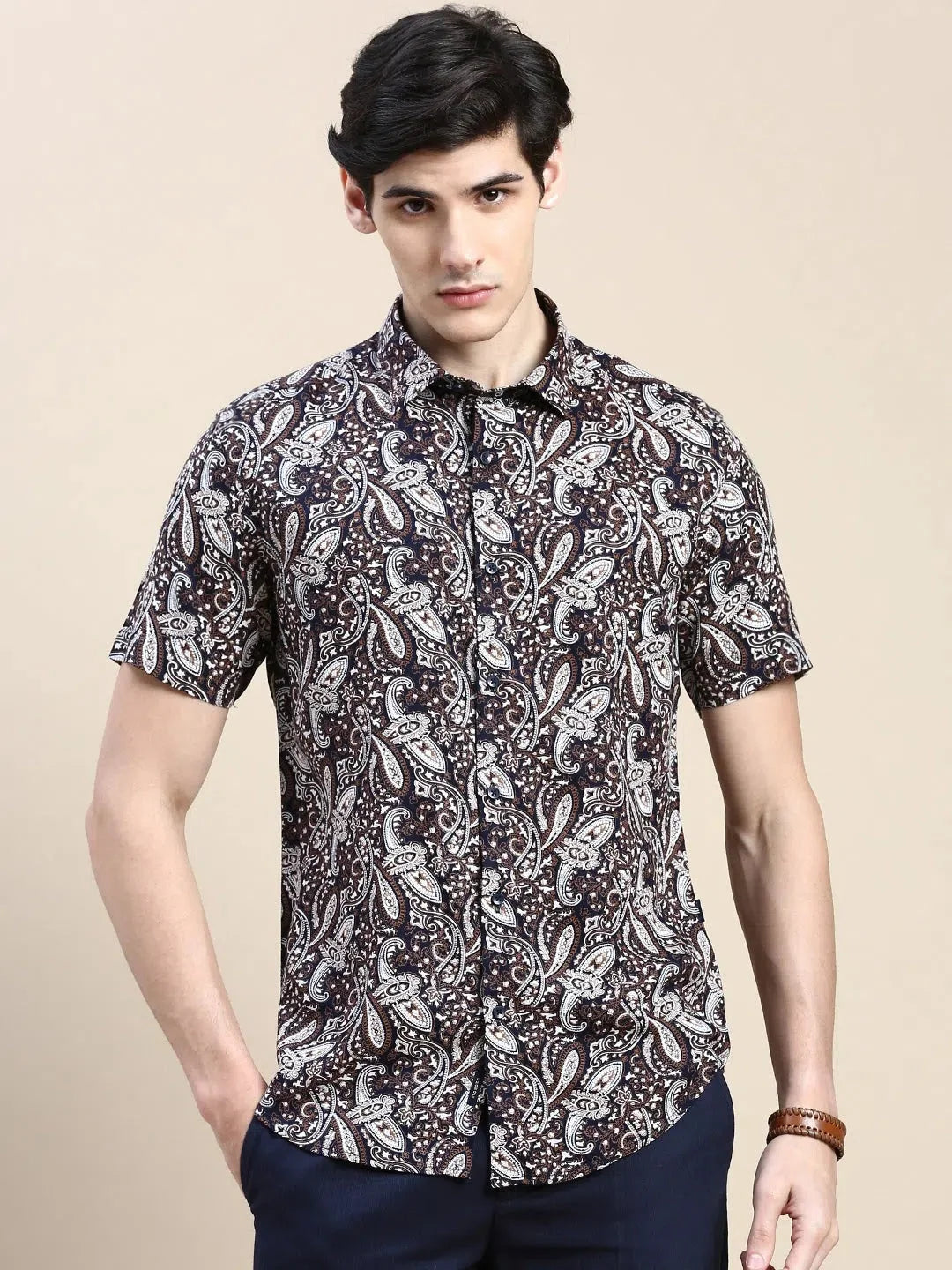 Navy Printed Mens Shirt | DesiQlo Casual Cotton Beach Shirts