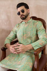 Green Silk Blend Printed Mandarin Collar Straight Kurta With Trouser MKSET2113