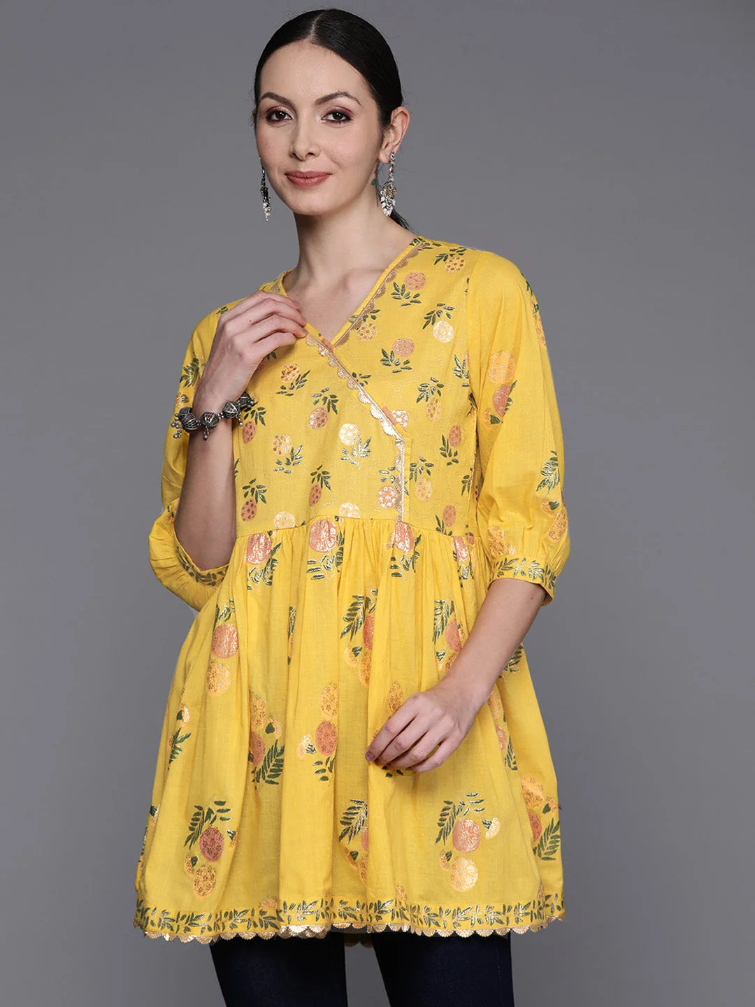 Floral Cotton Tunic Top - Mustard Yellow & Green Indian Kurtis