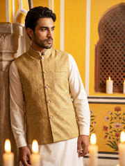 Woven Design Nehru Jacket With Solid Kurta Pyjama for Men ( JOKPWC 636W 4005Golden )