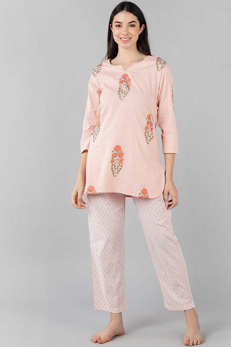 Peach Cotton Striped Night Suit VNWK1054 | DesiQlo