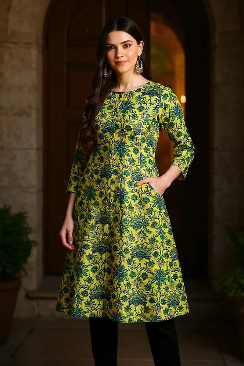Women Cotton Printed Simple Function Wear Green Kurti VCK1528 | DesiQl