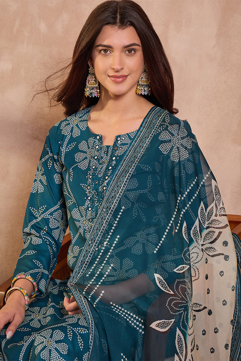 Blue Cotton Blend Floral Printed Straight Kurta Set VKSKD2425 | DesiQl