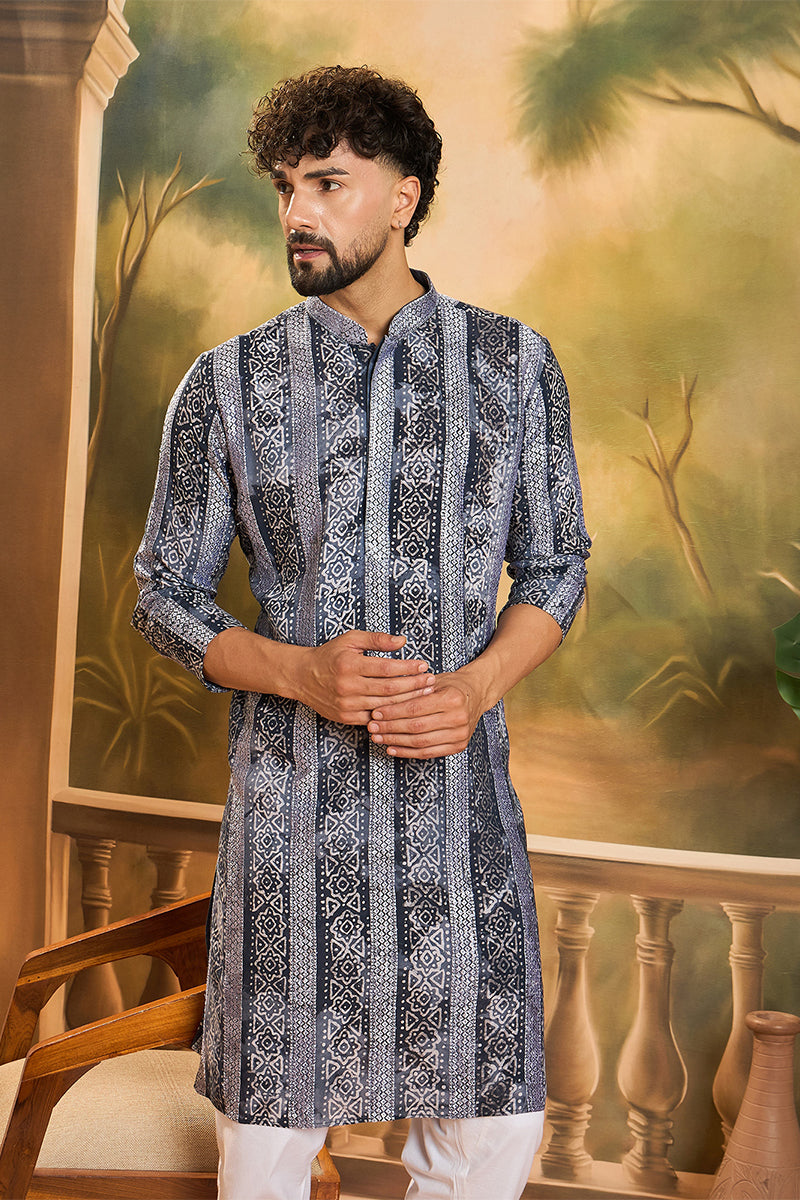Blue Viscose Rayon Batik Embroidered Straight Kurta MKU1481