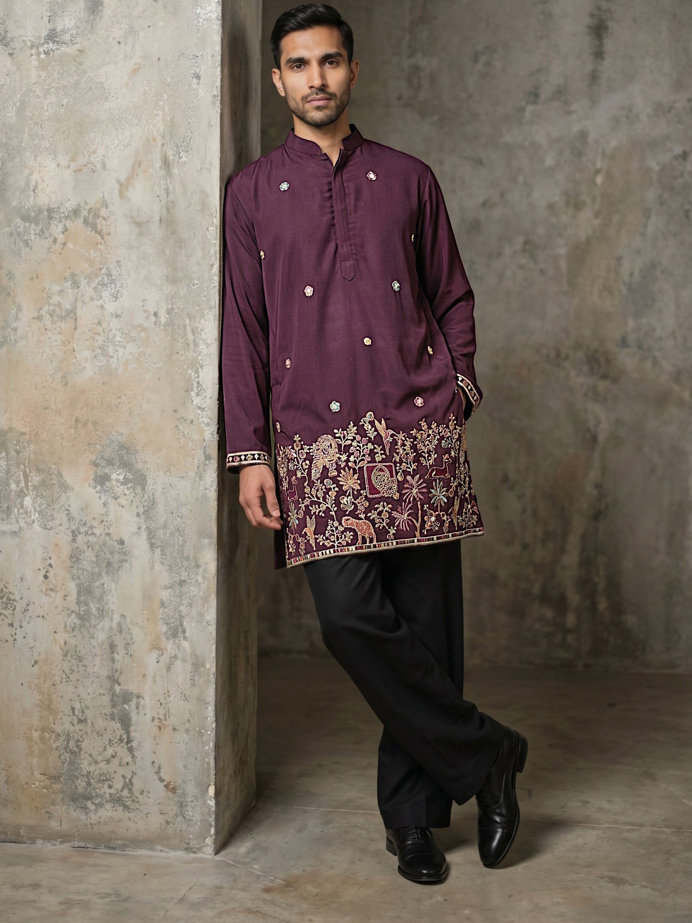 DesiQlo Men Embroidered Kurta Pyjama Set - Purple - 65KP_PJ11B_5597Pur