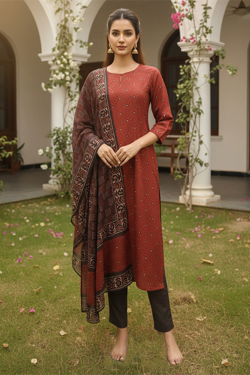 Maroon Rayon Blend Geometric Printed Straight Kurta Trousers With Dupatta VKSKD2414