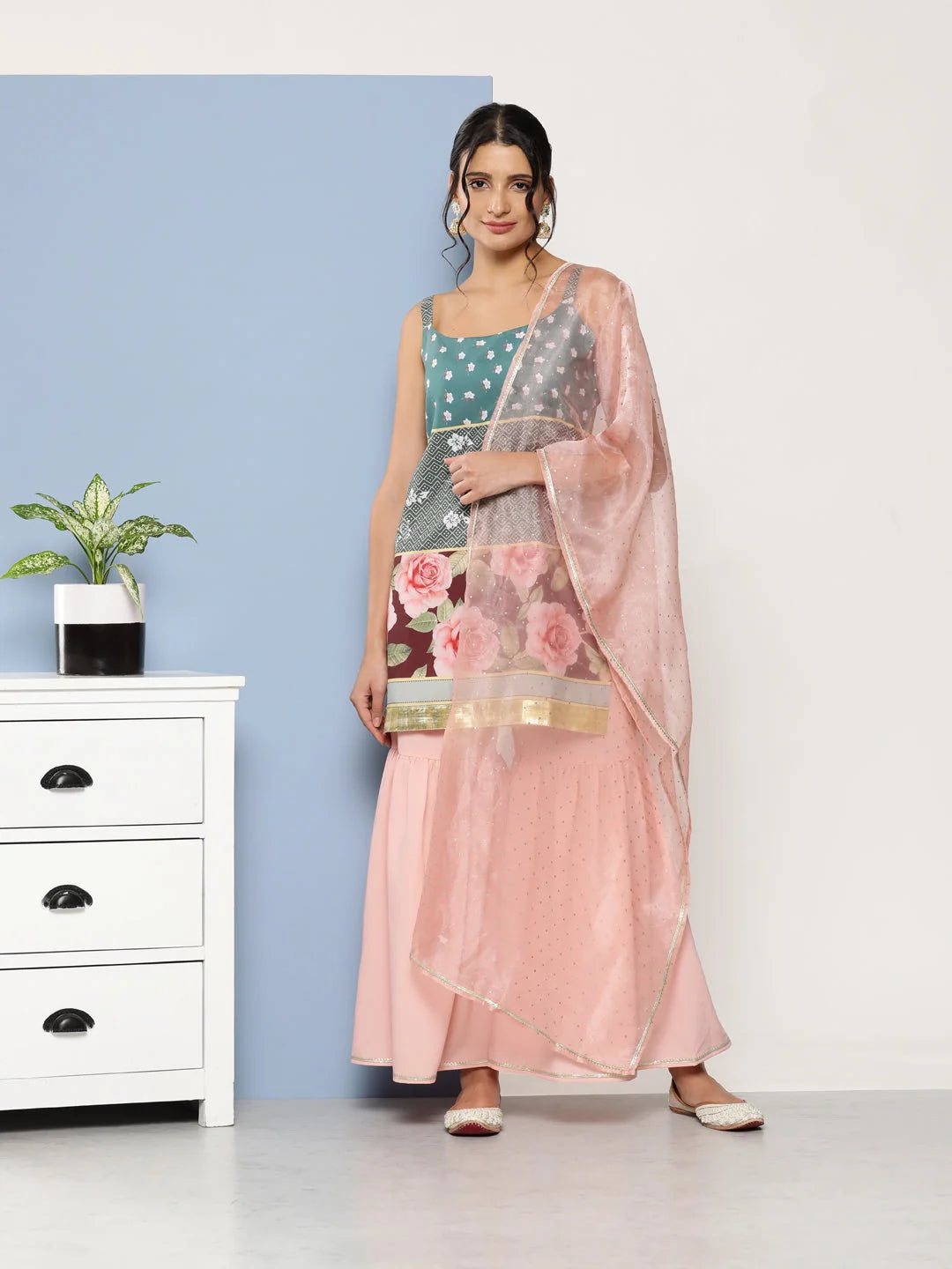 Women's Green & Pink Floral Printed Gotta Patti Sharara Set With Dupatta-AHTUDUSH-COMBO-609-ICH