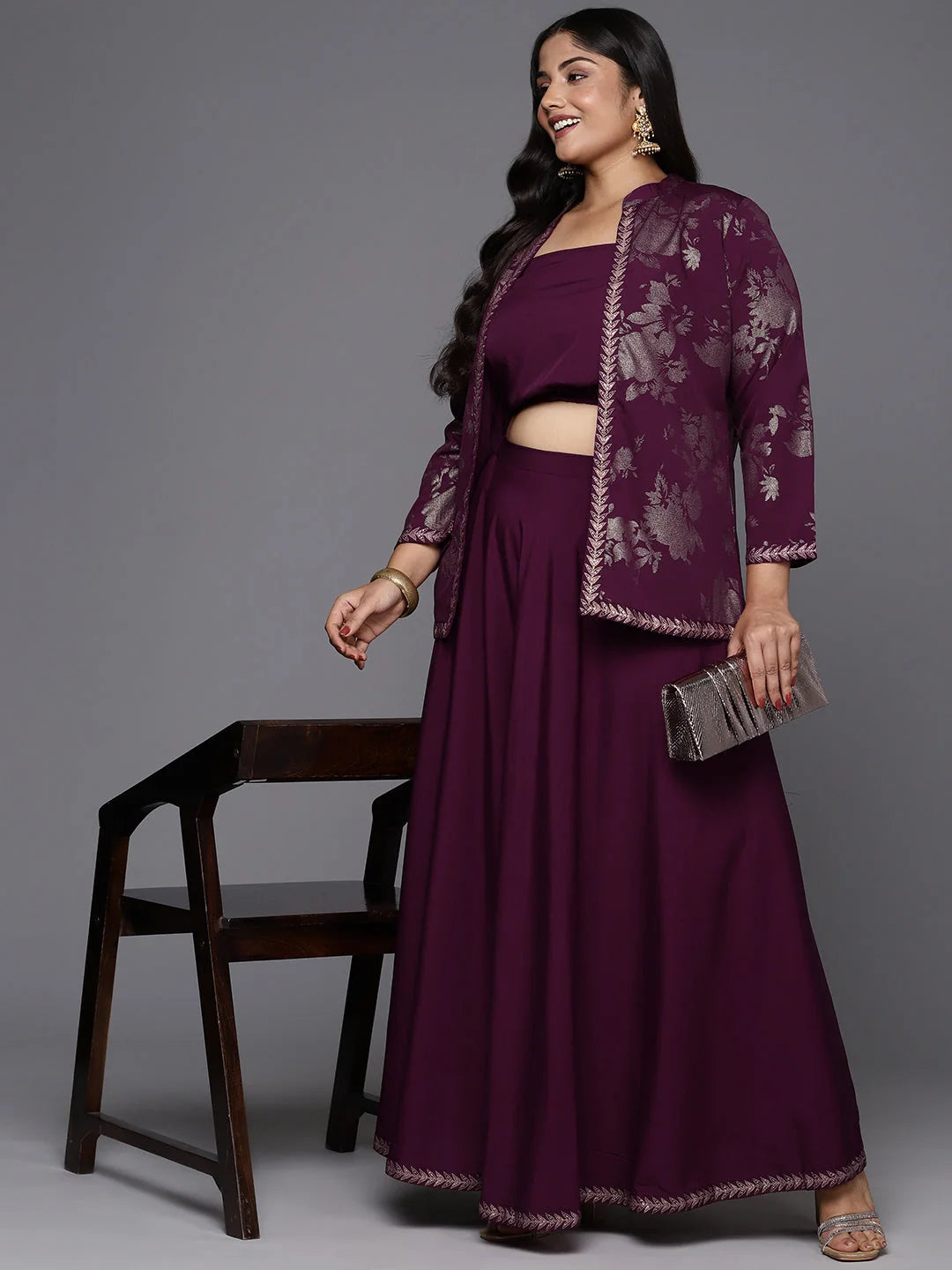 Plus Size Burgundy & Gold Printed Co-ord Sets For Women