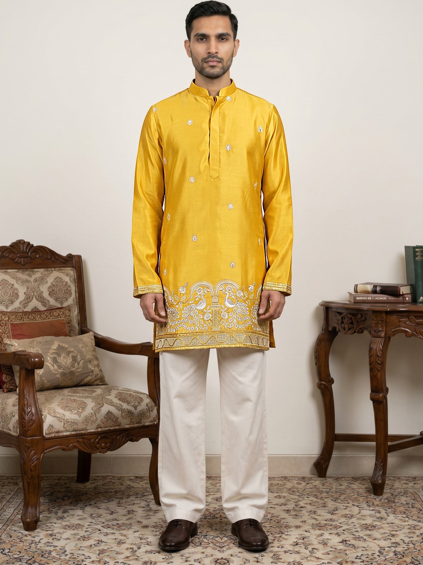 DesiQlo Men Embroidered Kurta Pyjama Set - Yellow - 65KP_PJ11W_5600Mus