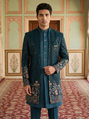Men’s Peacock Blue Heavily Embroidered Indo-Western Set ( 50JIND 127Peacock S )