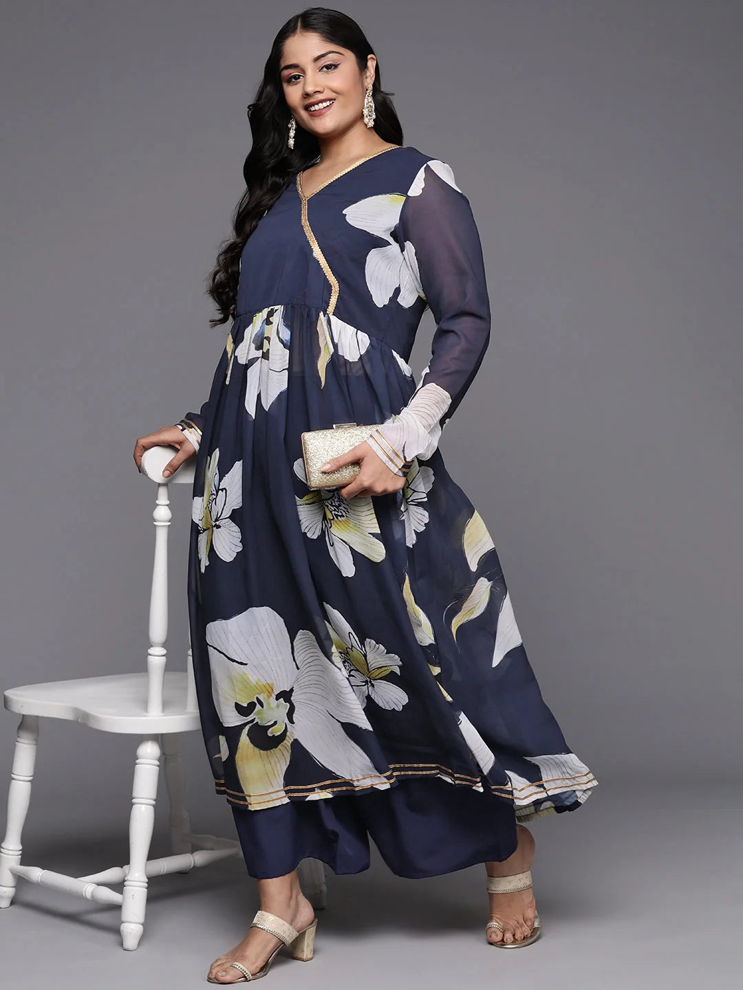 Floral Printed Plus Size Kurta and Palazzo Set | Zari Work