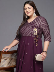 Burgandy & Gold Printed Plus Size Maxi Ethnic Dress-AP-AHKUCRGLGP-885