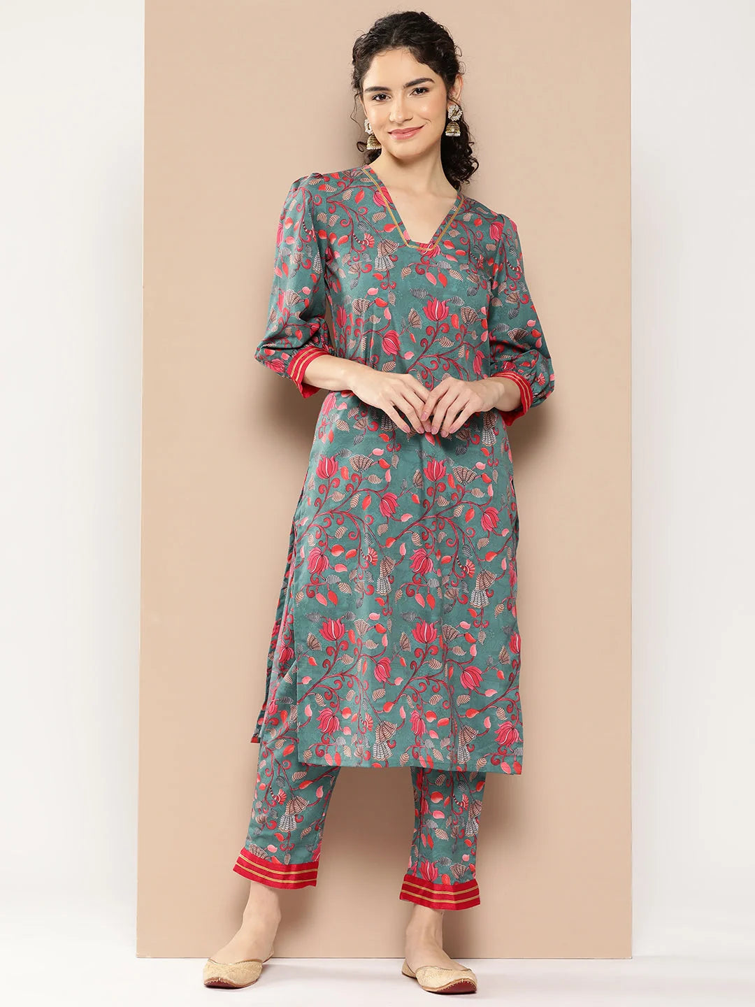 Green Floral Printed Gotta Patti Kurta with Trousers-AHKUPN-COMBO-660-ICH