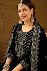 Black Velvet Ethnic Motifs Printed Straight Trousers Suit Set PKSKD2922