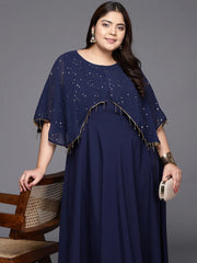 Navy Blue Plus Size Round neck Maxi Ethnic Dress-AP-AHKUCRFP-722