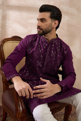 Purple Silk Blend Embroidered Mandarin Collar Straight Kurta With Trouser MKSET2078