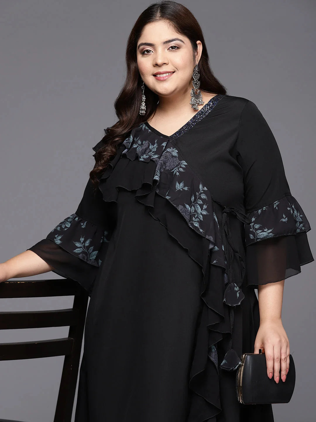 Black Floral Printed Plus Size Kurta - Indian Kurtas for Ladies