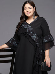 Black Floral Printed Plus Size Kurta-AP-AHKUGRGP-799