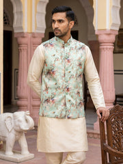 Men's Silk Blend Kurta Set with Printed Nehru Jacket ( JOKPWC 636W 4007Lime )