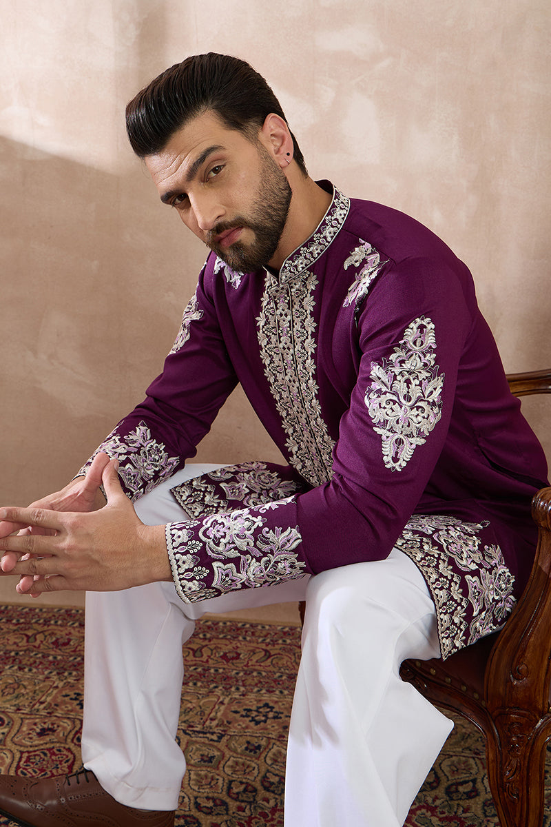 Purple Silk Blend Embroidered Mandarin Collar Straight Kurta With Trou
