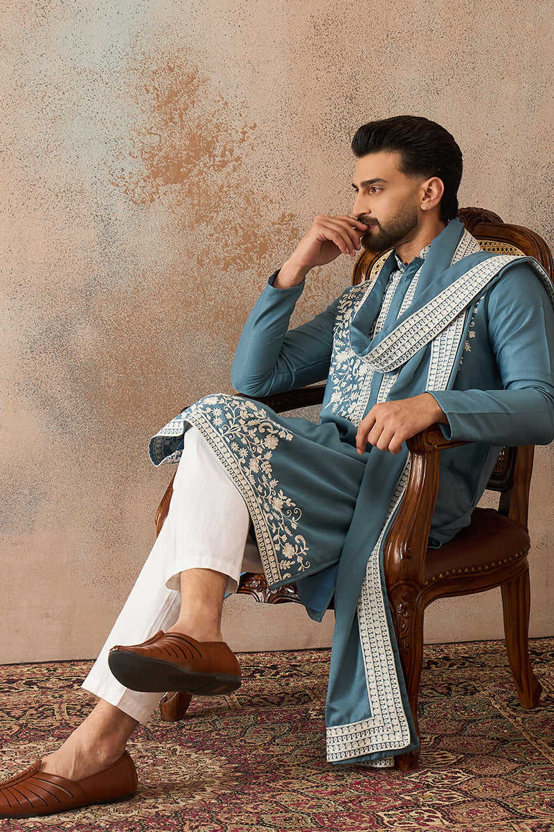 Blue Silk Blend Woven Design Floral Straight Kurta with Dupatta MKUD1039