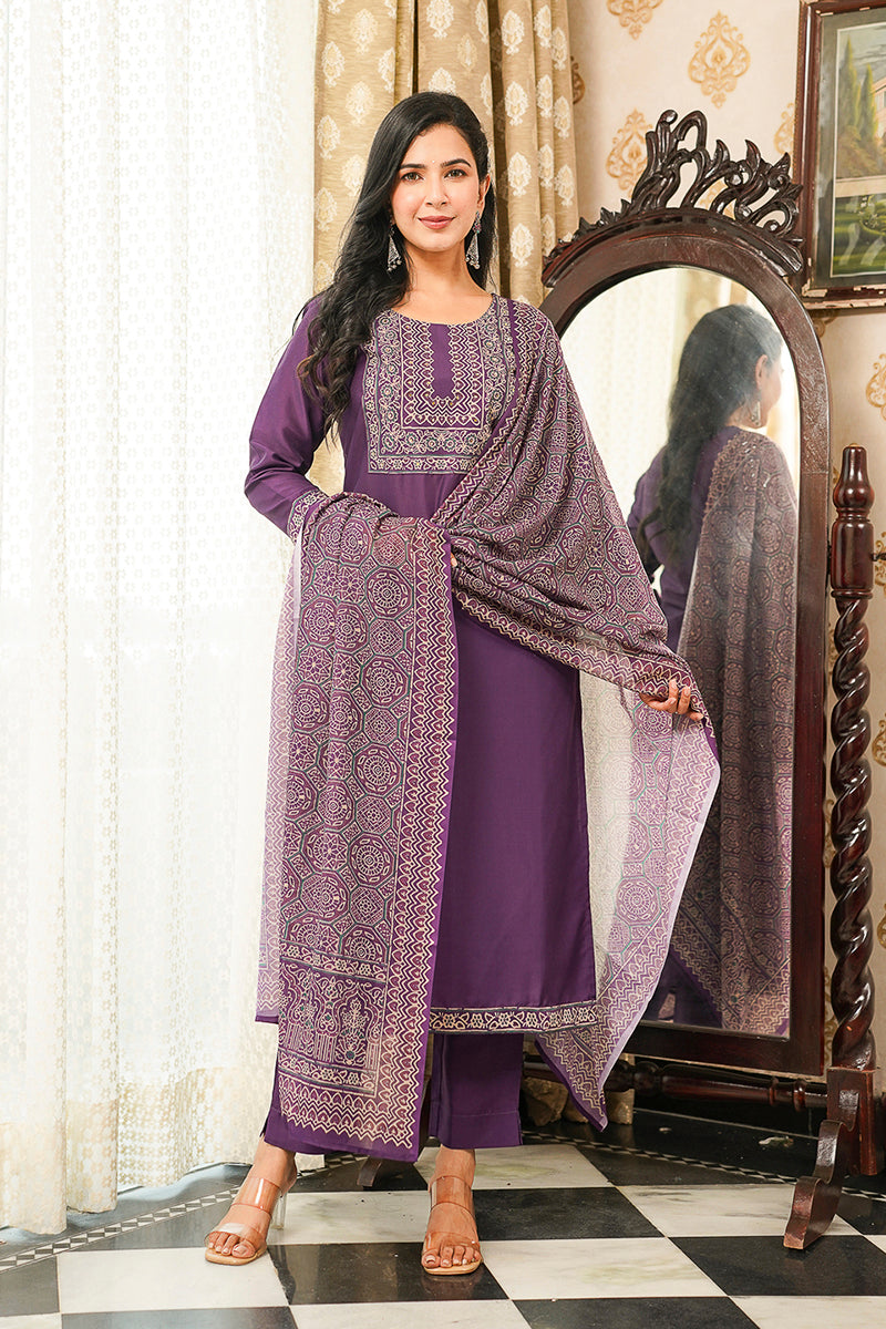 Purple Rayon Blend Ajrakh Printed Straight Kurta Trousers With Dupatta PKSKD3067