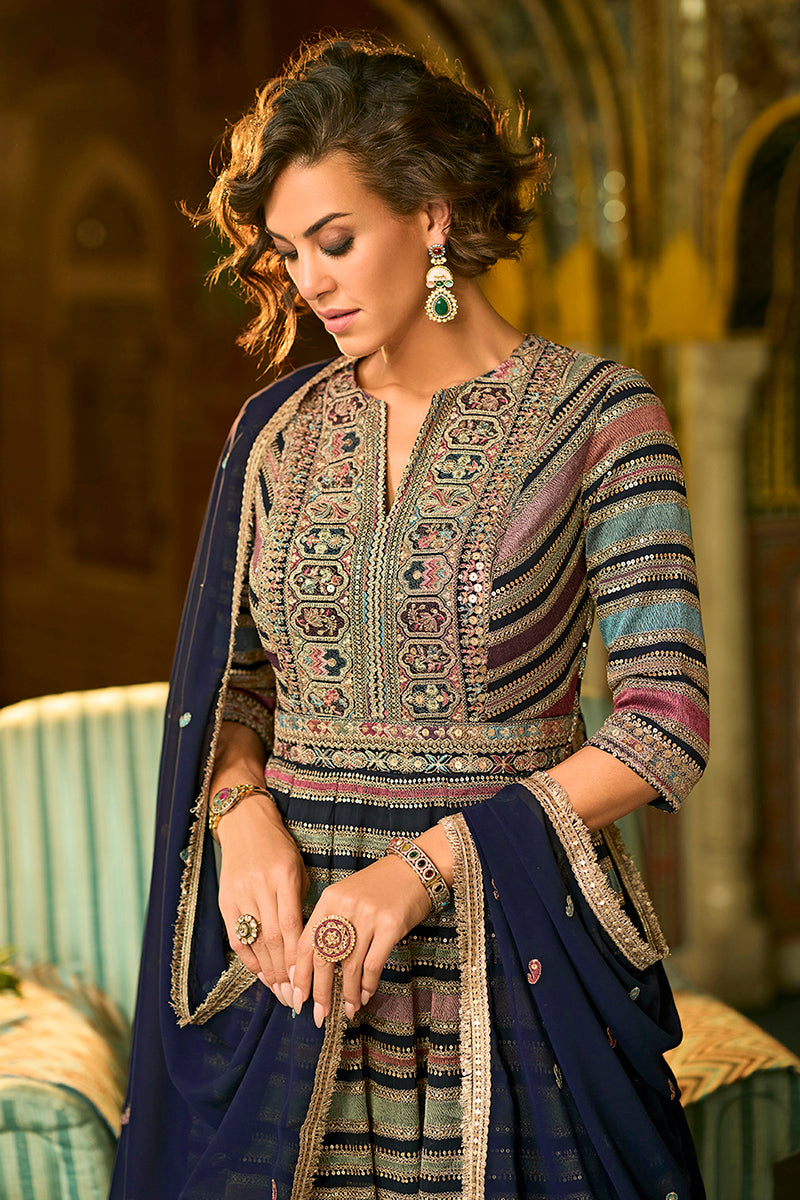 MultiColor Georgette Embroidered With Hand Work Gown With Dupatta VKSE