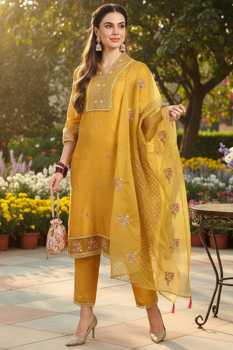 DesiQlo Women Silk Blend Indian Ethnic Set - Mustard Yellow
