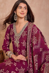 Purple Floral Printed Kurta With Trousers And Dupatta PKSKD3228