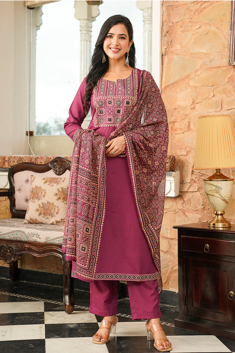 Purple Rayon Blend Ajrakh Printed Straight Kurta Trousers With Dupatta PKSKD3064