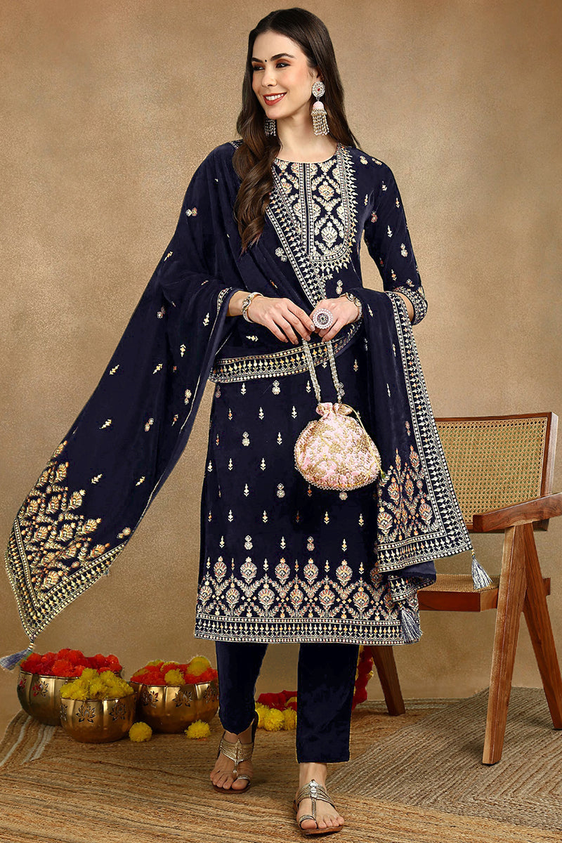 Navy Blue Velvet Ethnic Motifs Printed Straight Suit Set PKSKD2771 | D