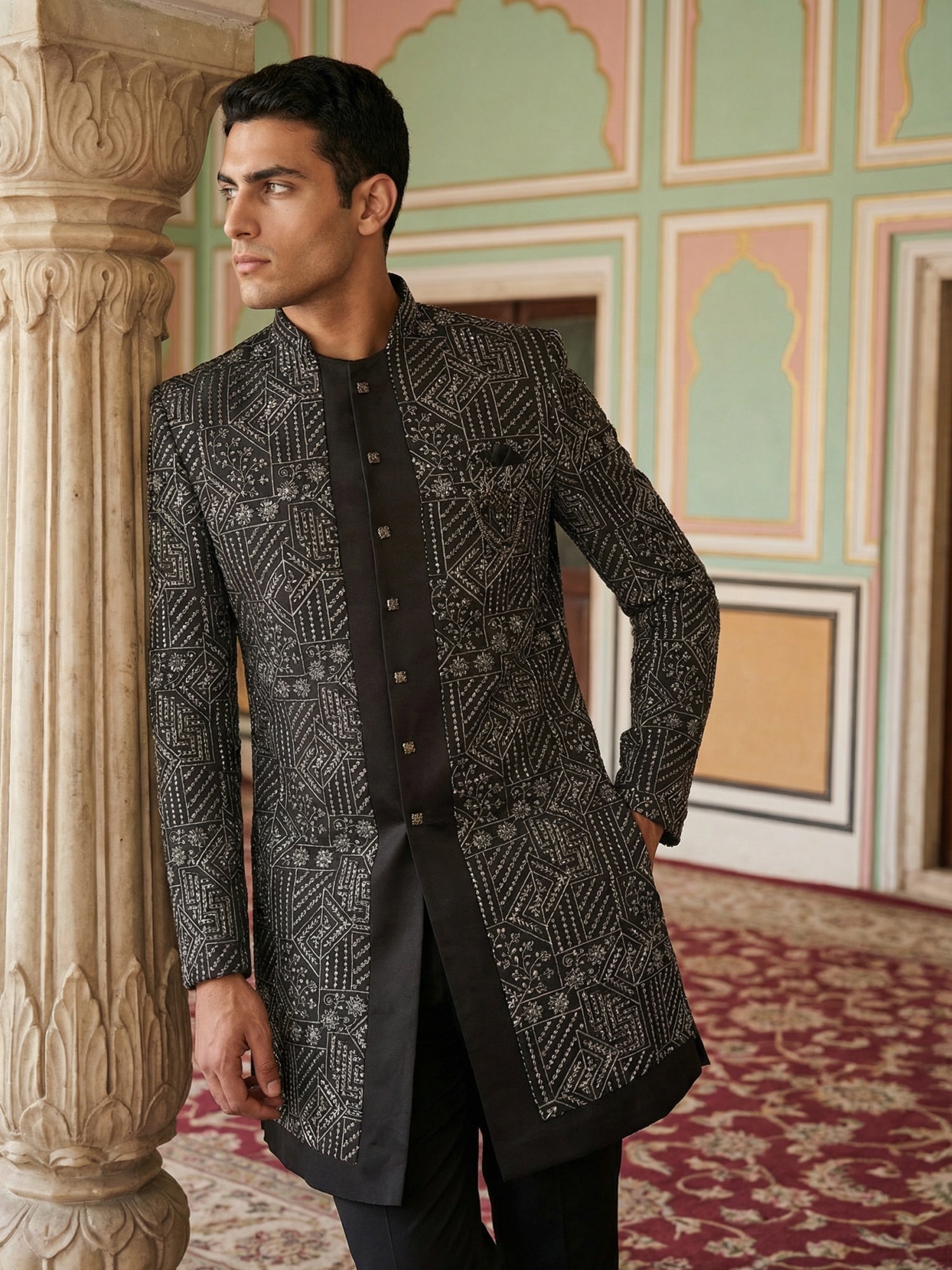 DesiQlo Men Embroidered Indo Western Set - Black - 50JIND_124Black_S