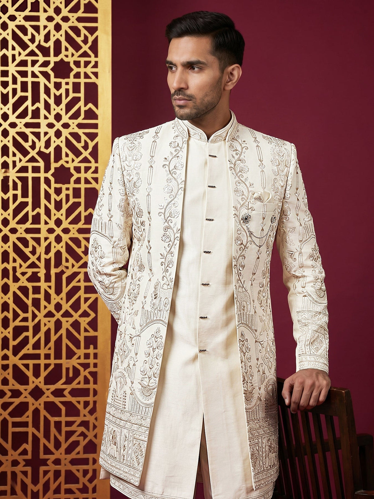 Men's Silk Blend Embroidered Indo-Western Set ( 50JIND 220Off-White )
