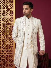 Men's Silk Blend Embroidered Indo-Western Set ( 50JIND 220Off-White )
