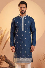 Silk Blend Blue Solid Embroidered Calf Length Straight Kurta With Trousers MKSET2274