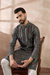 Green Silk Blend Printed Mandarin Collar Straight Kurta MKU2050